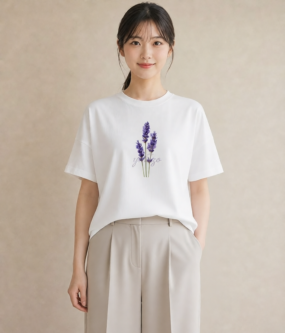 Tシャツ レディース ラベンダー 花 花柄 イラスト デート 帰省 白T