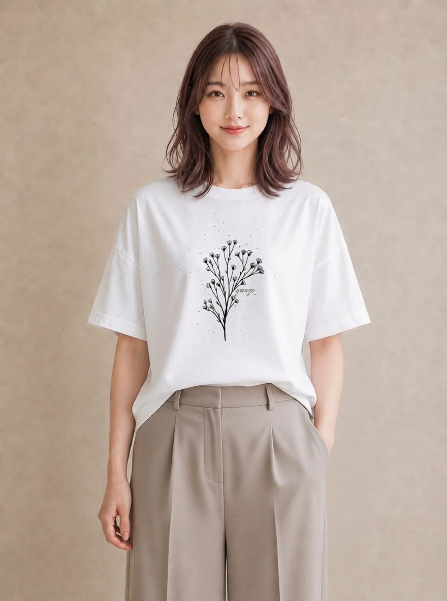 デザインTシャツ レディース 小花 花 フラワー イラスト カフェコーデ 在宅 公園 白T