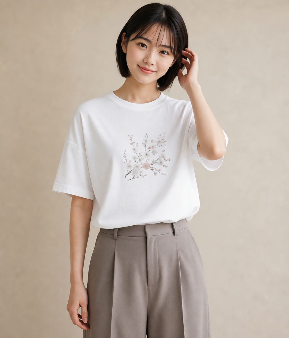 半袖Tシャツ レディース 梅 花 花柄 イラスト 普段着 週末コーデ 白T
