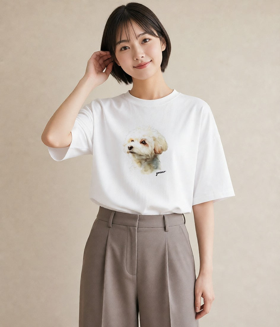 Tシャツ レディース 愛犬 犬 いぬ イラスト カフェコーデ 通学 誕生日プレゼント 白T