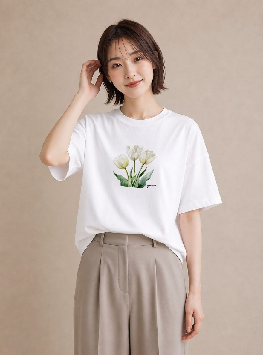 デザインTシャツ レディース チューリップ 花 花柄 イラスト 敬老の日 ホワイトデー 白T