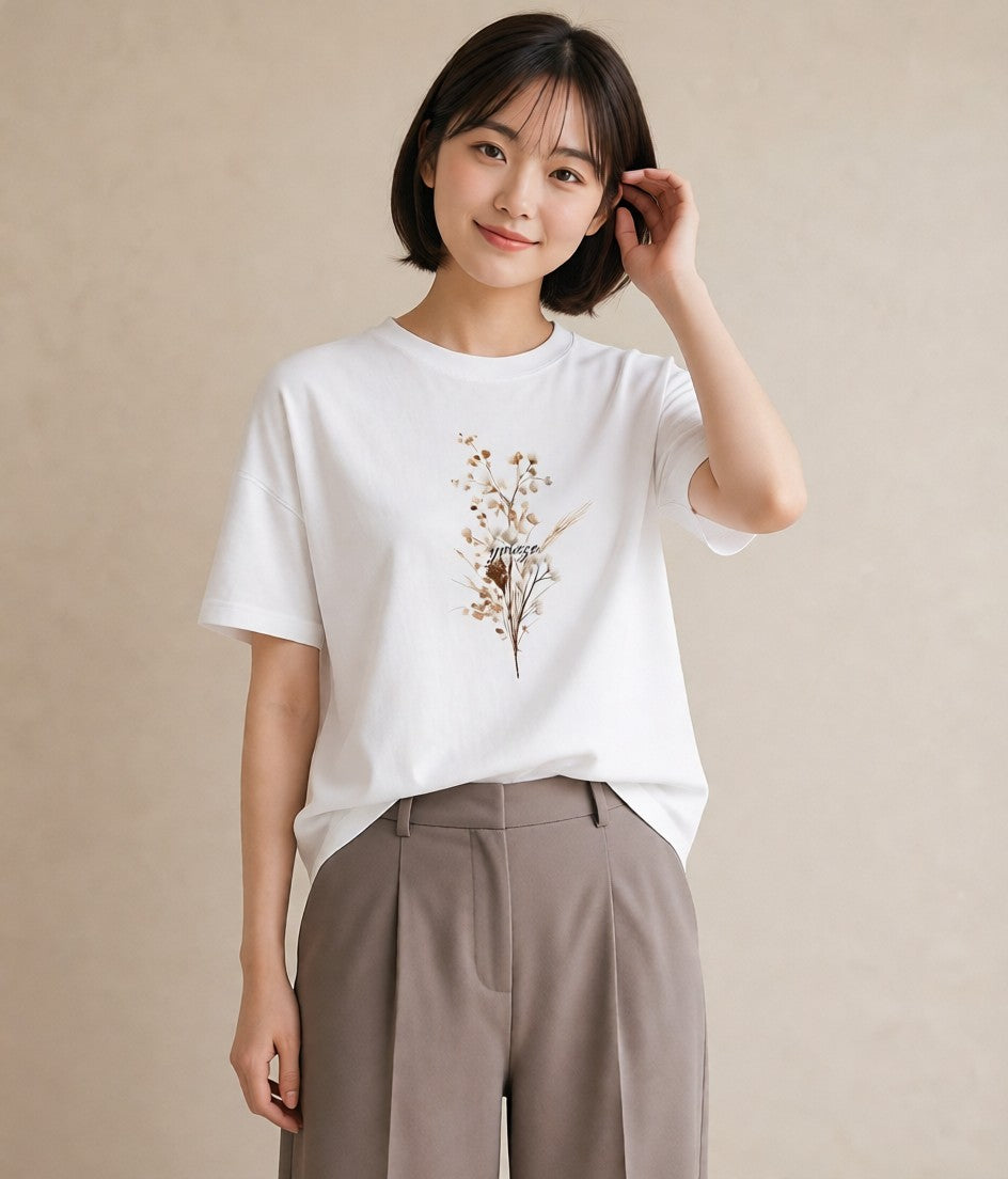 Tシャツ レディース ガラス瓶 小枝 ボタニカル ナチュラル アンティーク イラスト アート風 女性向けギフト 散歩 白T