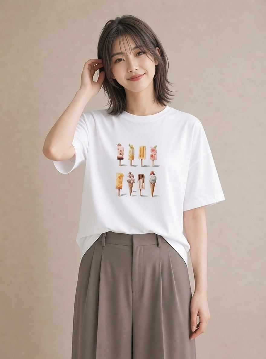 半袖Tシャツ レディース アイス 食べ物 フード イラスト ゆるコーデ ママ カフェ服 白T