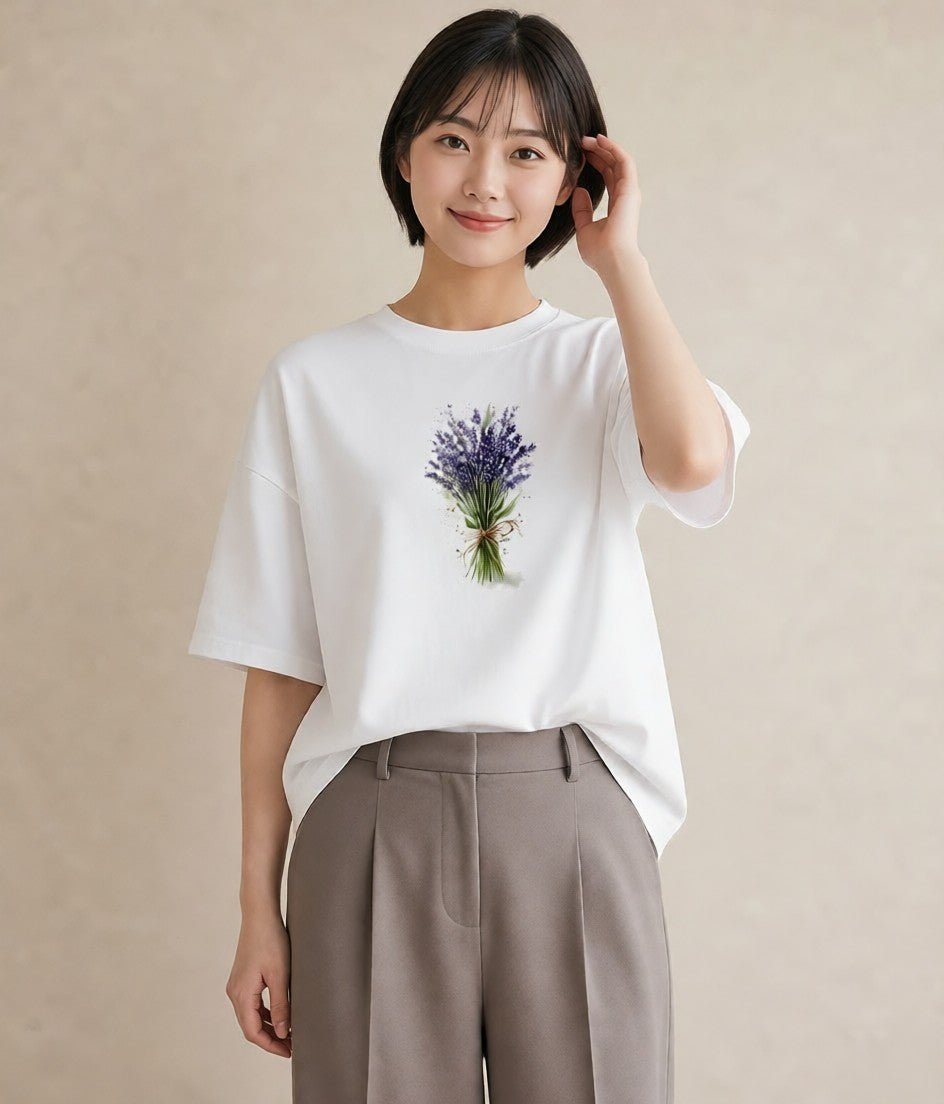 半袖Tシャツ レディース ラベンダー 花 花柄 イラスト フェミニン デート 帰省 白T