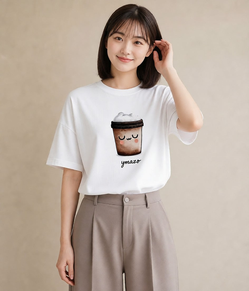 Tシャツ レディース カフェラテ 食べ物 フード イラスト ゆるコーデ 通学 誕生日プレゼント 白T