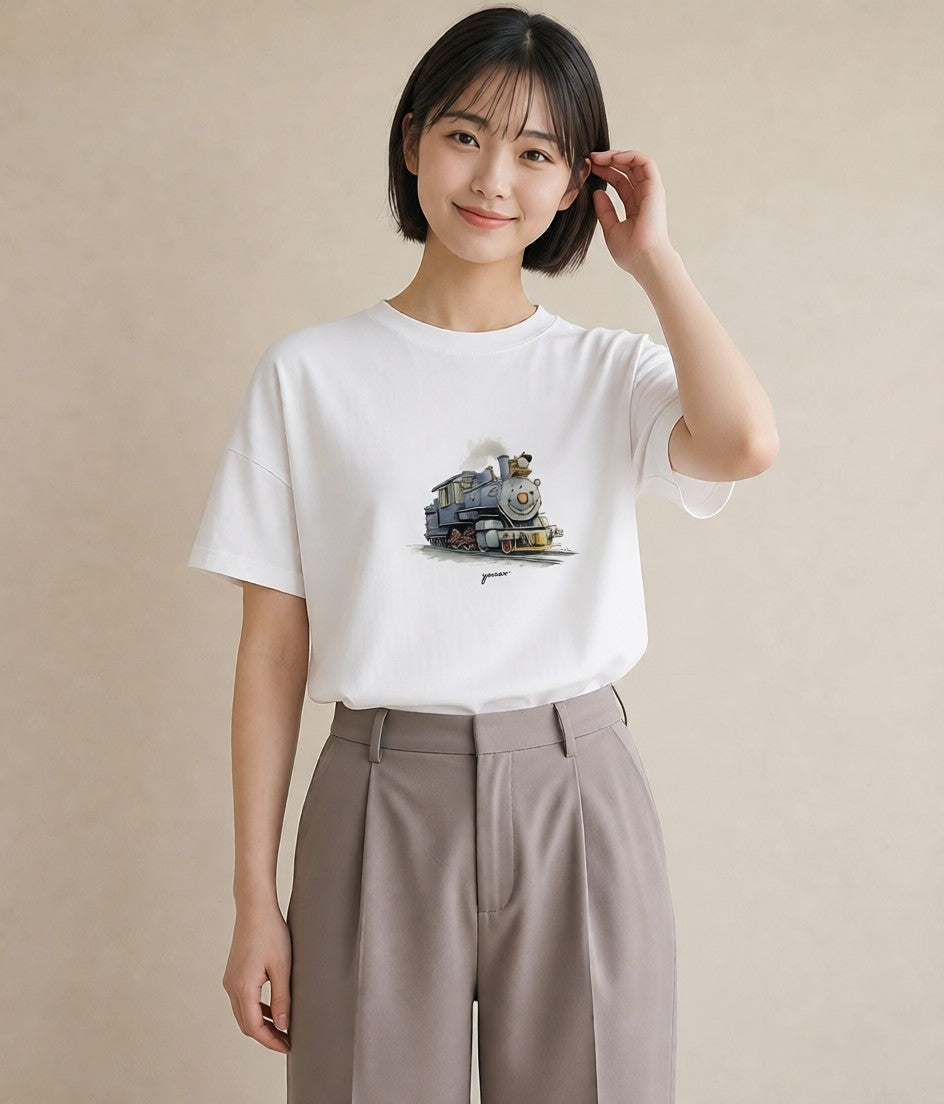 デザインTシャツ レディース 駅のホーム ローカル線 駅 ナチュラル アンティーク イラスト シンプル 姉妹 送別ギフト 白T