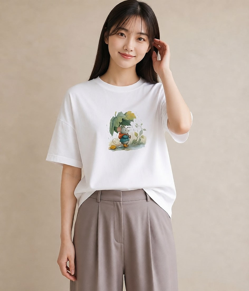 Tシャツ レディース 傘 水たまり 雨 ナチュラル アンティーク イラスト ラフ ホワイトデー 春服 白T