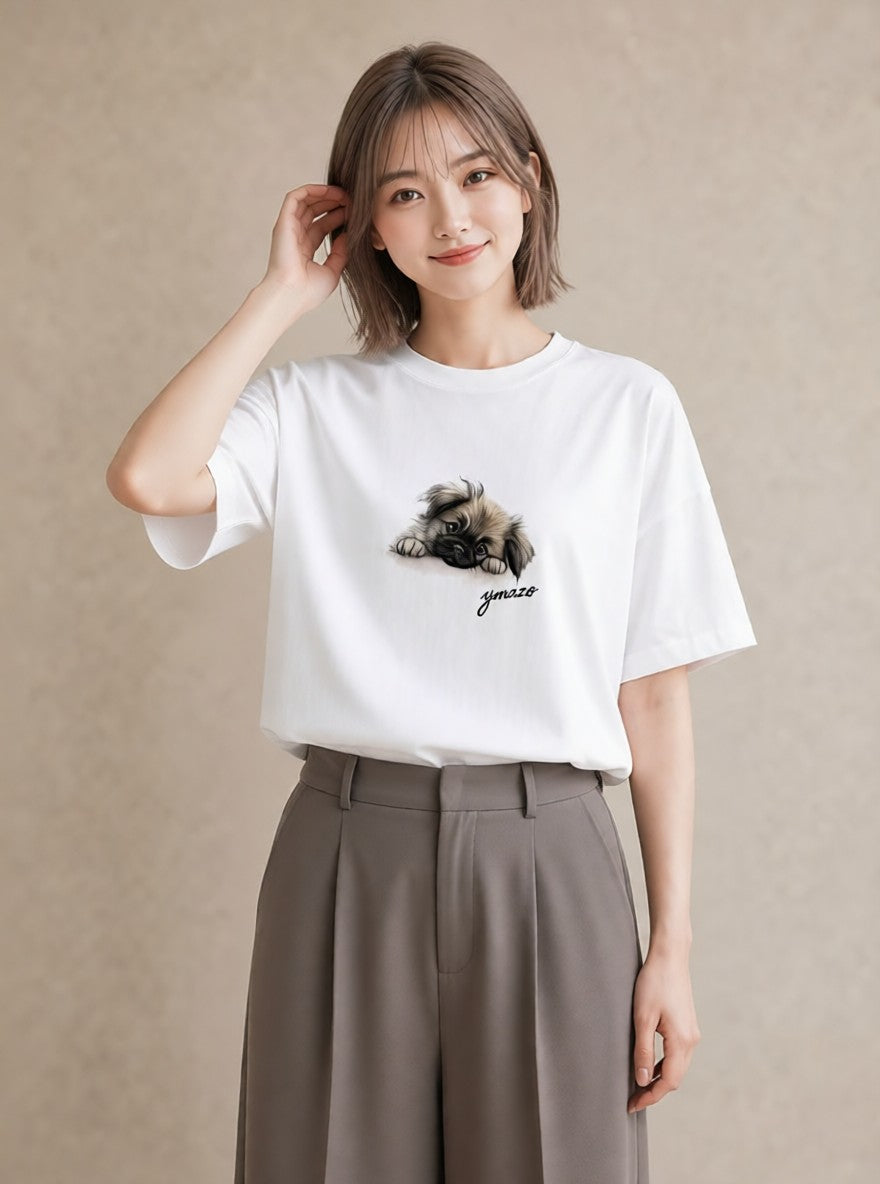 半袖Tシャツ レディース わんちゃん 犬 いぬ イラスト 普段使い 通学 誕生日プレゼント 白T