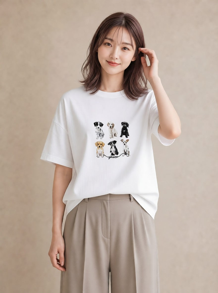 グラフィックTシャツ レディース ミックス犬 犬 いぬ イラスト 水彩風 ビーチ デイリーウェア 白T