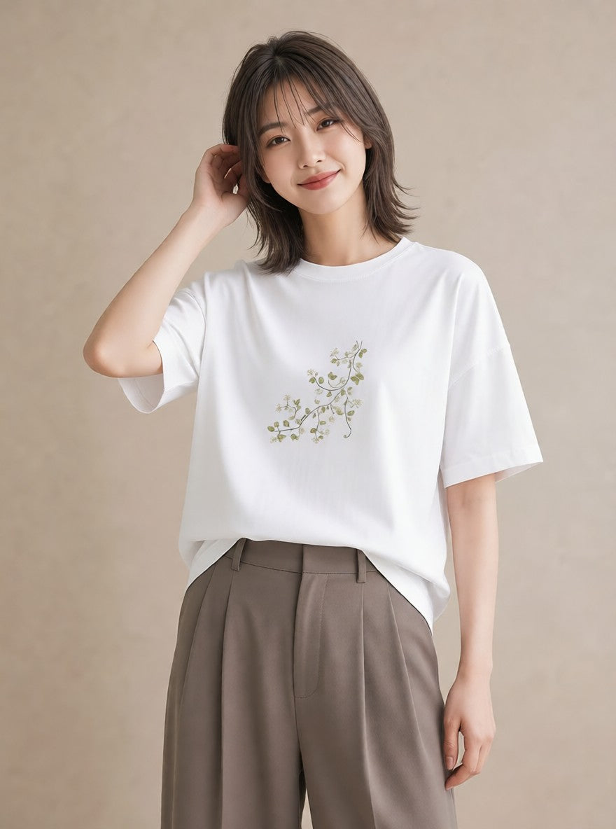 プリントTシャツ レディース つる 植物 ボタニカル イラスト 線画 散歩 お出かけ 白T