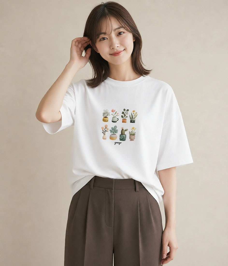 デザインTシャツ レディース サボテン 植物 ボタニカル イラスト 水彩風 ラフ レイヤード 白T