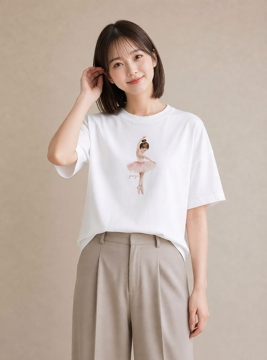 半袖Tシャツ レディース バレエシューズ バレエ トウシューズ ナチュラル アンティーク イラスト 北欧風 女性向けギフト 散歩 白T