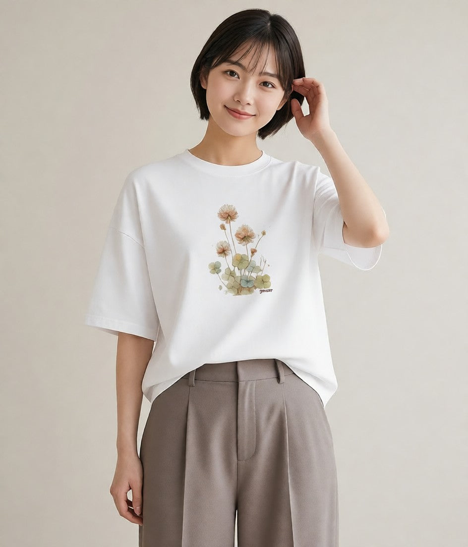 デザインTシャツ レディース たんぽぽ 花 花柄 イラスト 抜け感 ママ カフェ服 白T