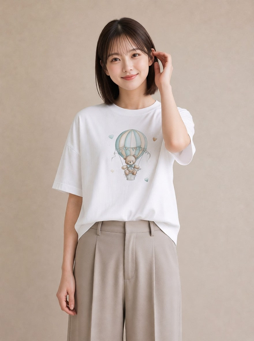 半袖Tシャツ レディース 気球 星空 宇宙 イラスト 水彩風 20代 カジュアルコーデ 白T