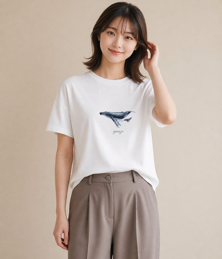 半袖Tシャツ レディース シャチ 海の生き物 海 イラスト 普段使い 夏コーデ 通学 白T