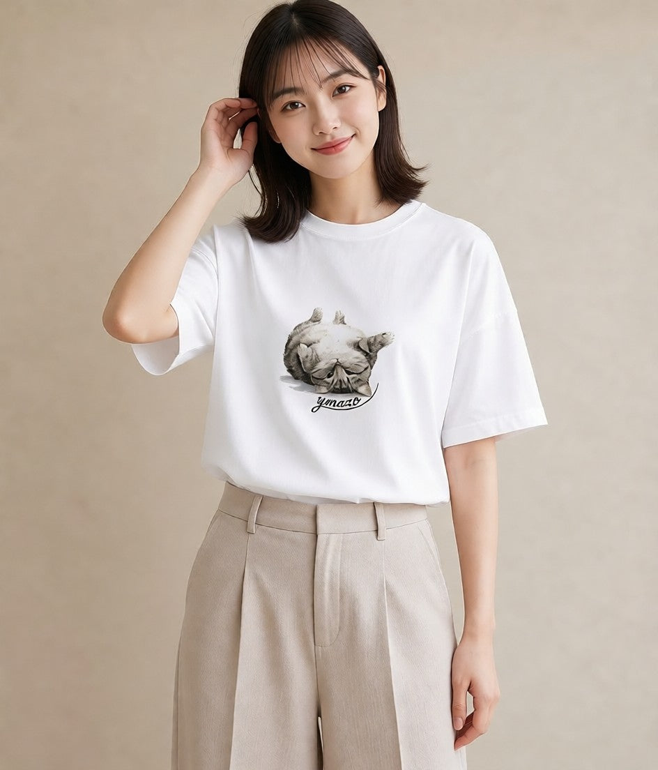 半袖Tシャツ レディース おすわり猫 猫 ねこ イラスト ゆるコーデ 送別ギフト 通勤 白T