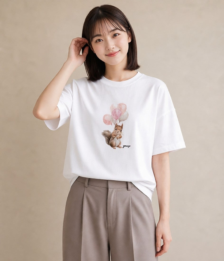 半袖Tシャツ レディース リス ペット 動物 イラスト ヴィンテージ風 女子会 お揃い 白T