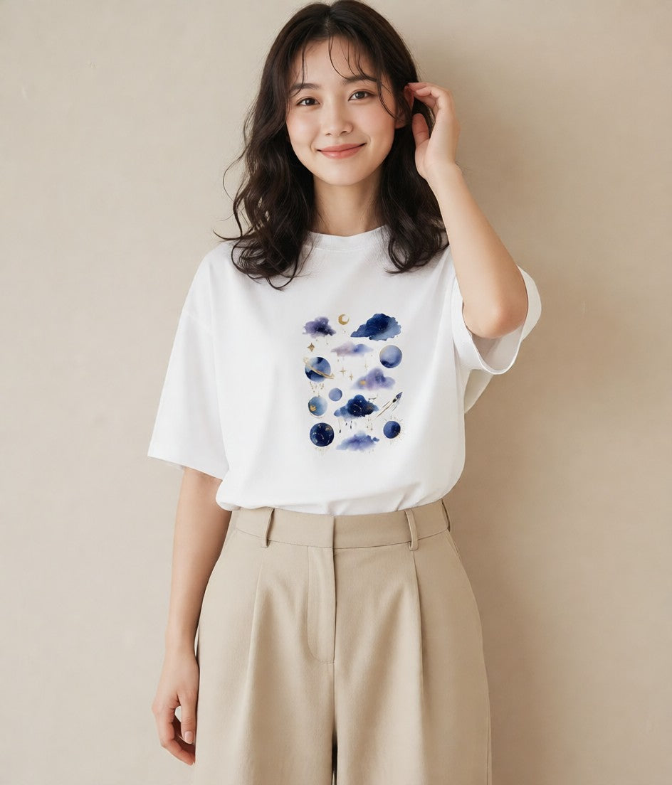 プリントTシャツ レディース 宇宙 星空 イラスト 韓国風 在宅 公園 白T