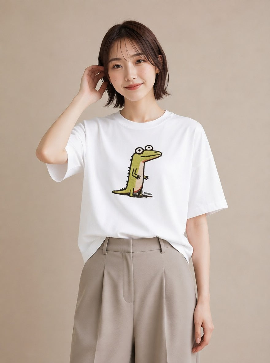 デザインTシャツ レディース ヤモリ ペット 動物 イラスト ヴィンテージ風 海 カフェ巡り 白T