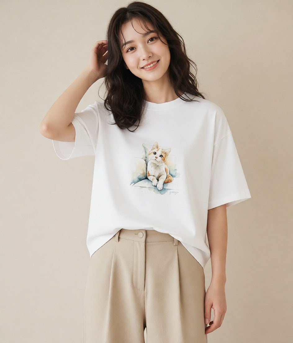Tシャツ レディース ベンガル 猫 ねこ イラスト 手描き風 海 カフェ巡り 白T