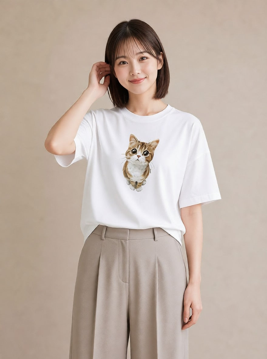 プリントTシャツ レディース 茶トラ 茶猫 猫 ねこ イラスト 旅行コーデ お出かけ 普段着 白T