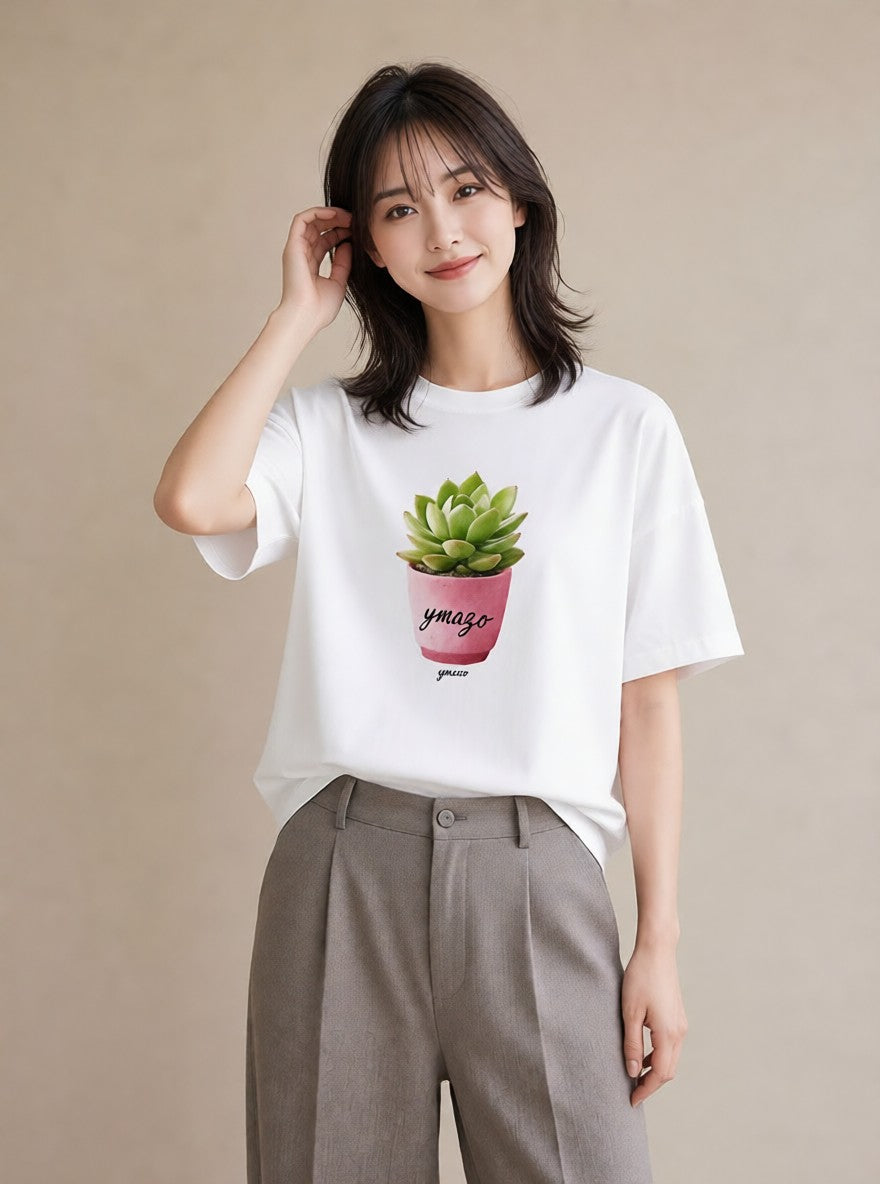 プリントTシャツ レディース 多肉植物 植物 ボタニカル イラスト ゆるかわ 20代 カジュアルコーデ 白T