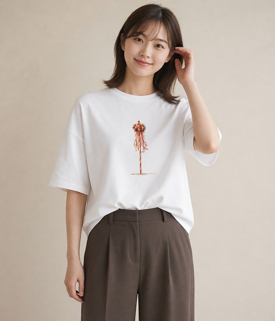 Tシャツ レディース ポスト 野の花 レトロ ナチュラル アンティーク イラスト 韓国風 ママ カフェ服 白T