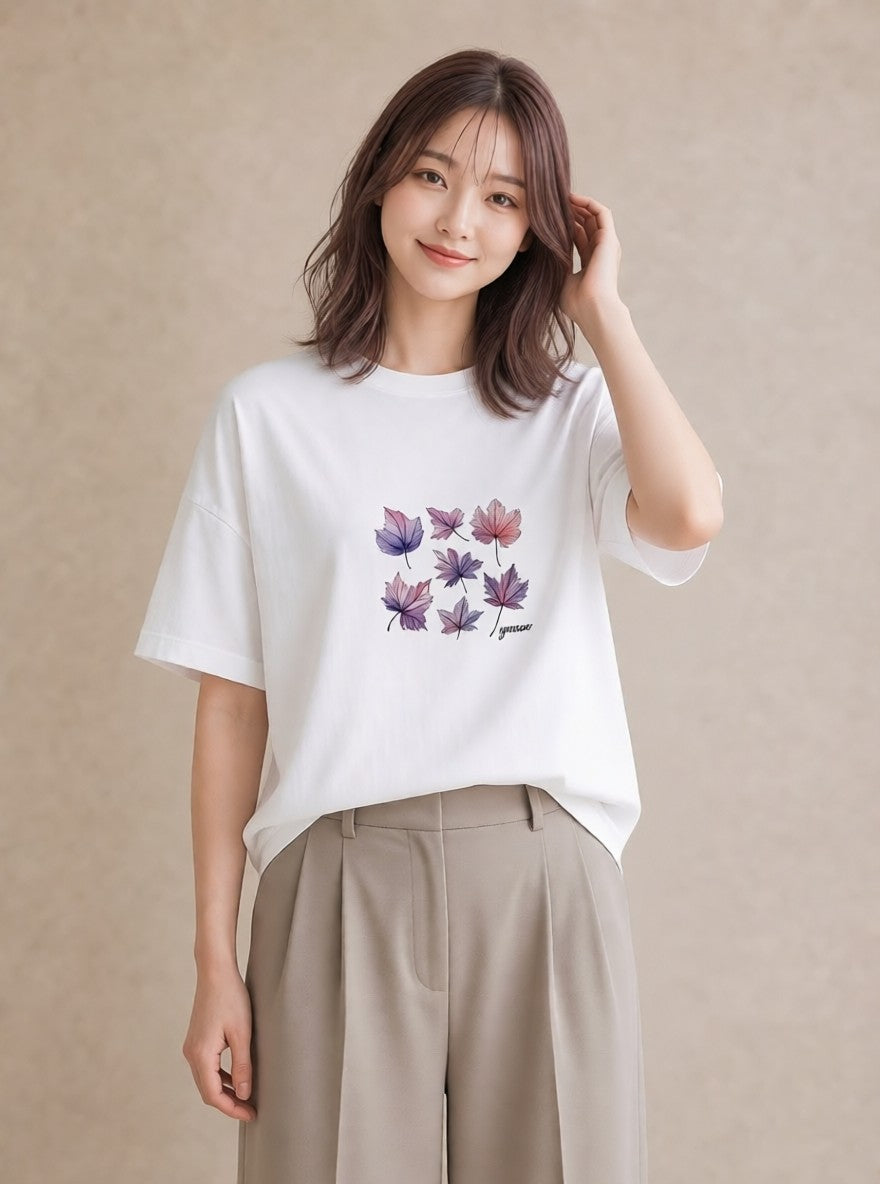 Tシャツ レディース 落ち葉 植物 ボタニカル イラスト ラフカジュアル 週末コーデ 敬老の日 白T