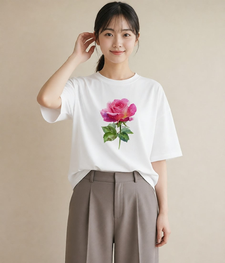 Tシャツ レディース バラ 薔薇 ローズ 花 花柄 イラスト ラフ 送別ギフト 通勤 白T