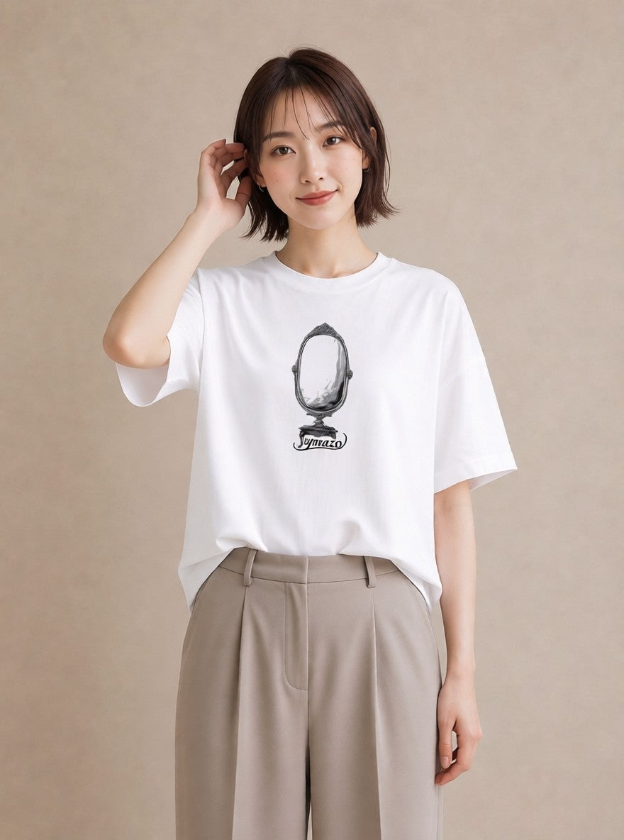 グラフィックTシャツ レディース 手鏡 アンティーク レトロ ナチュラル イラスト 休日コーデ 海 カフェ巡り 白T