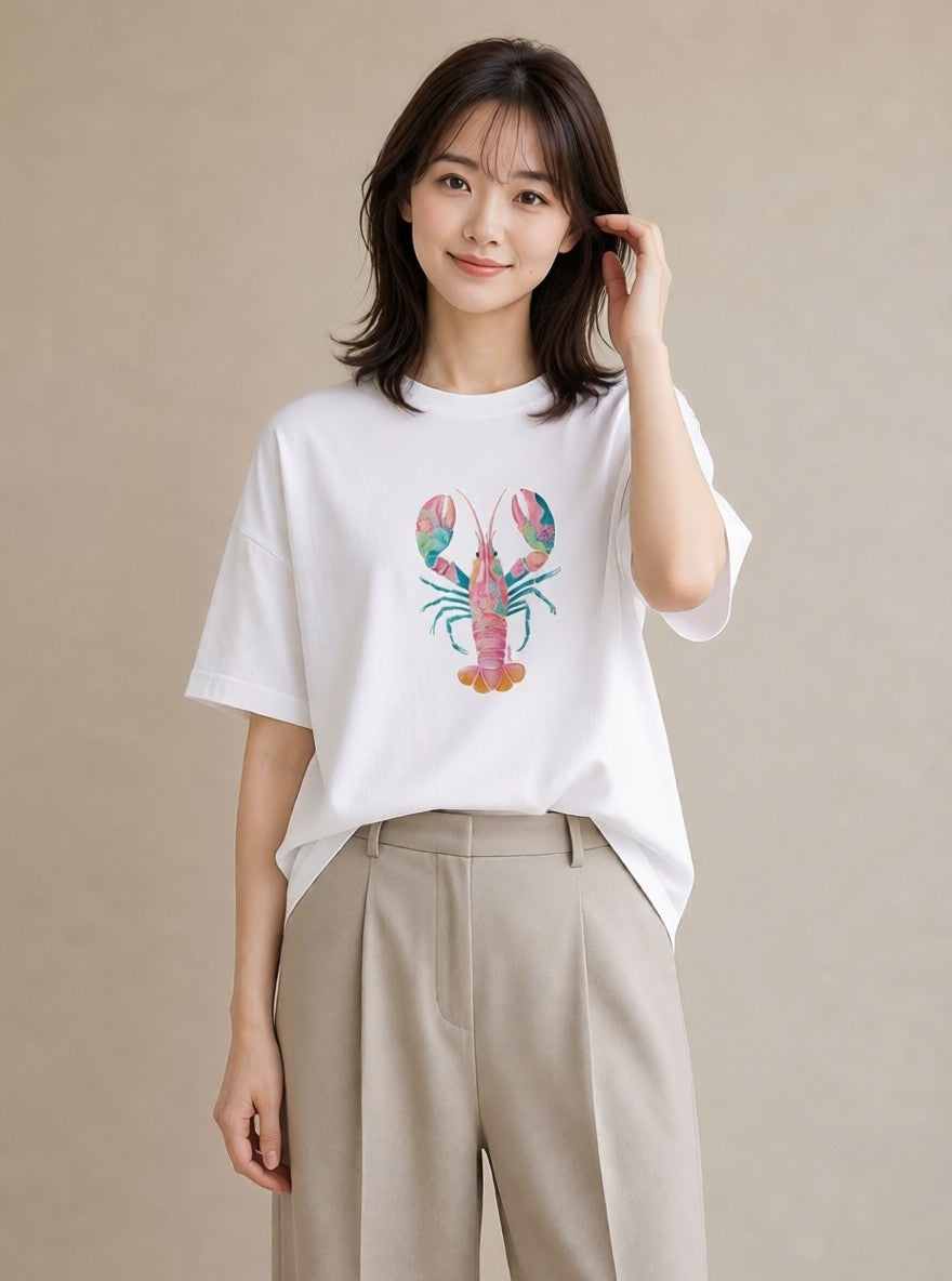 デザインTシャツ レディース カニ 海の生き物 海 イラスト きれいめ 通勤 在宅 白T