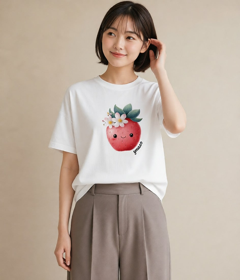 デザインTシャツ レディース いちご 苺 ストロベリー 食べ物 フード イラスト 普段使い レイヤード 友達ギフト 白T
