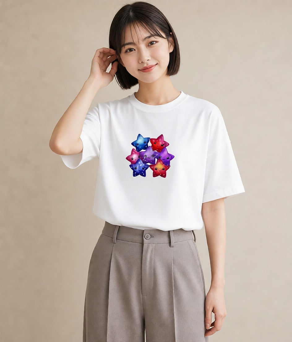 半袖Tシャツ レディース 天の川 星空 宇宙 イラスト モード ママ カフェ服 白T