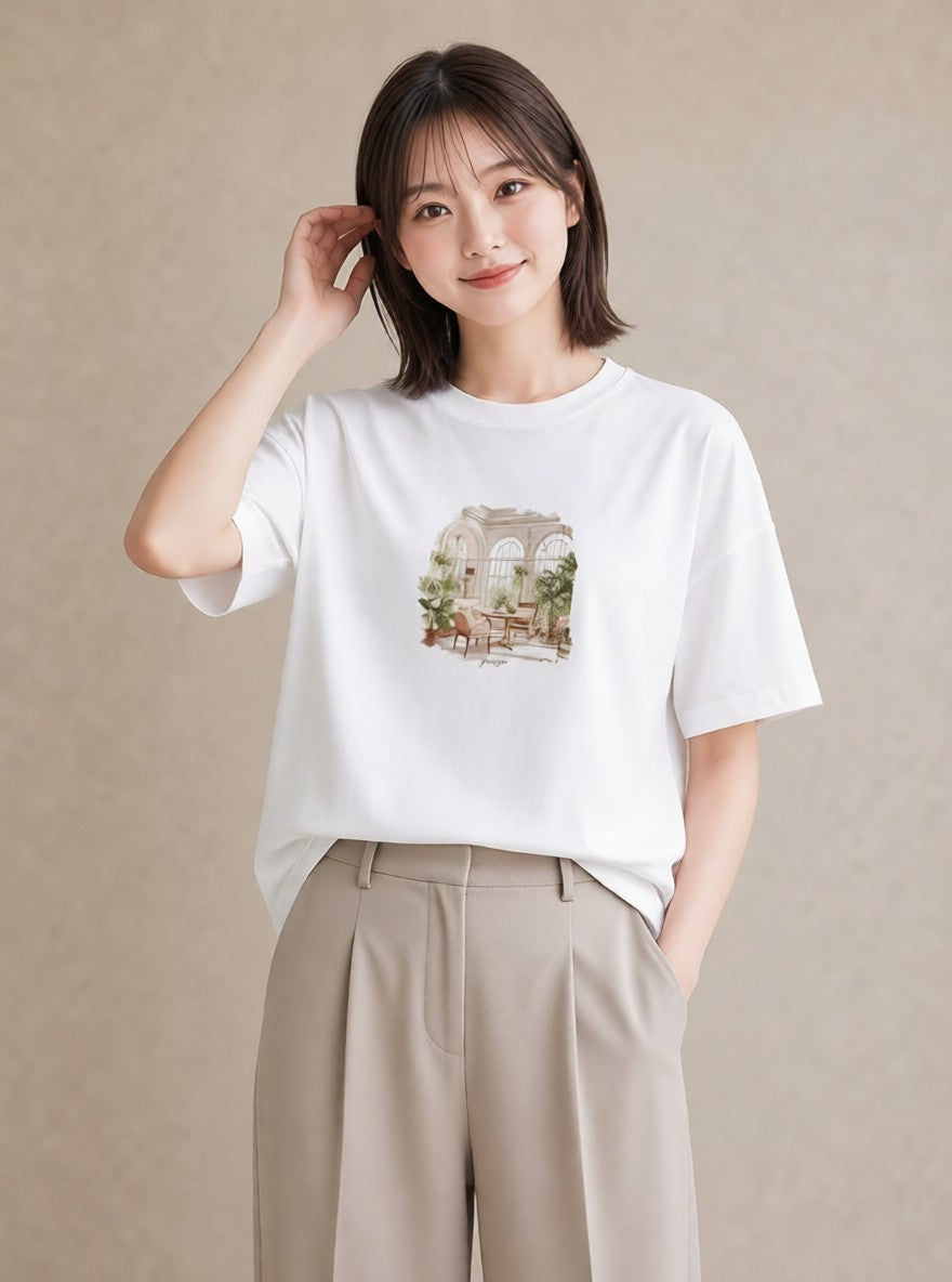 グラフィックTシャツ レディース 夕暮れ バルコニー 夕焼け ナチュラル アンティーク イラスト 抜け感 在宅 公園 白T