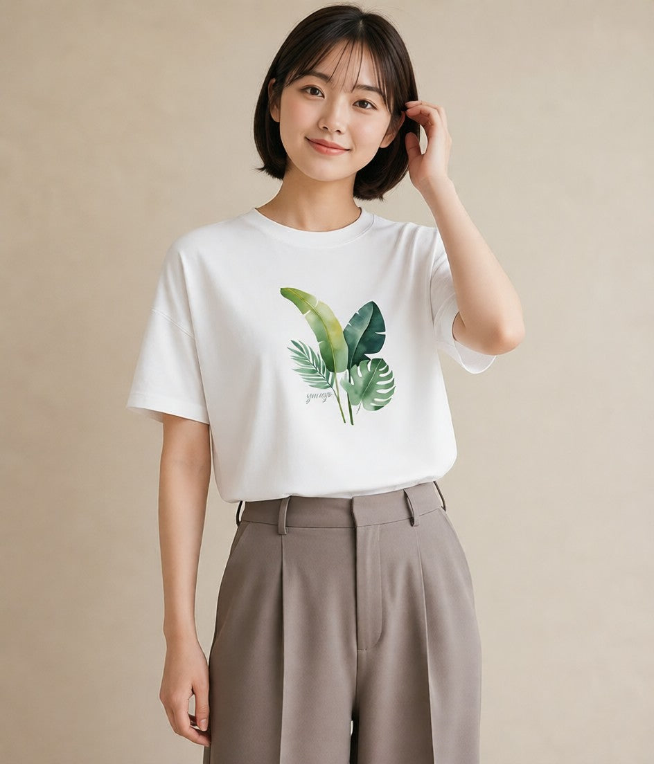 Tシャツ レディース モンステラ 植物 ボタニカル イラスト ラフカジュアル 春服 ミセス 白T