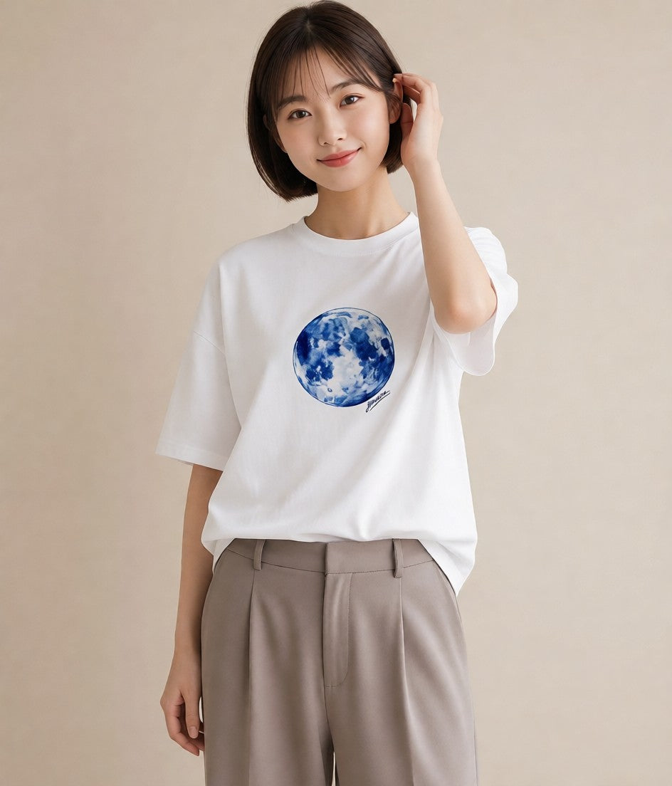 半袖Tシャツ レディース 三日月 星空 宇宙 イラスト カフェコーデ 旅行 母娘コーデ 白T