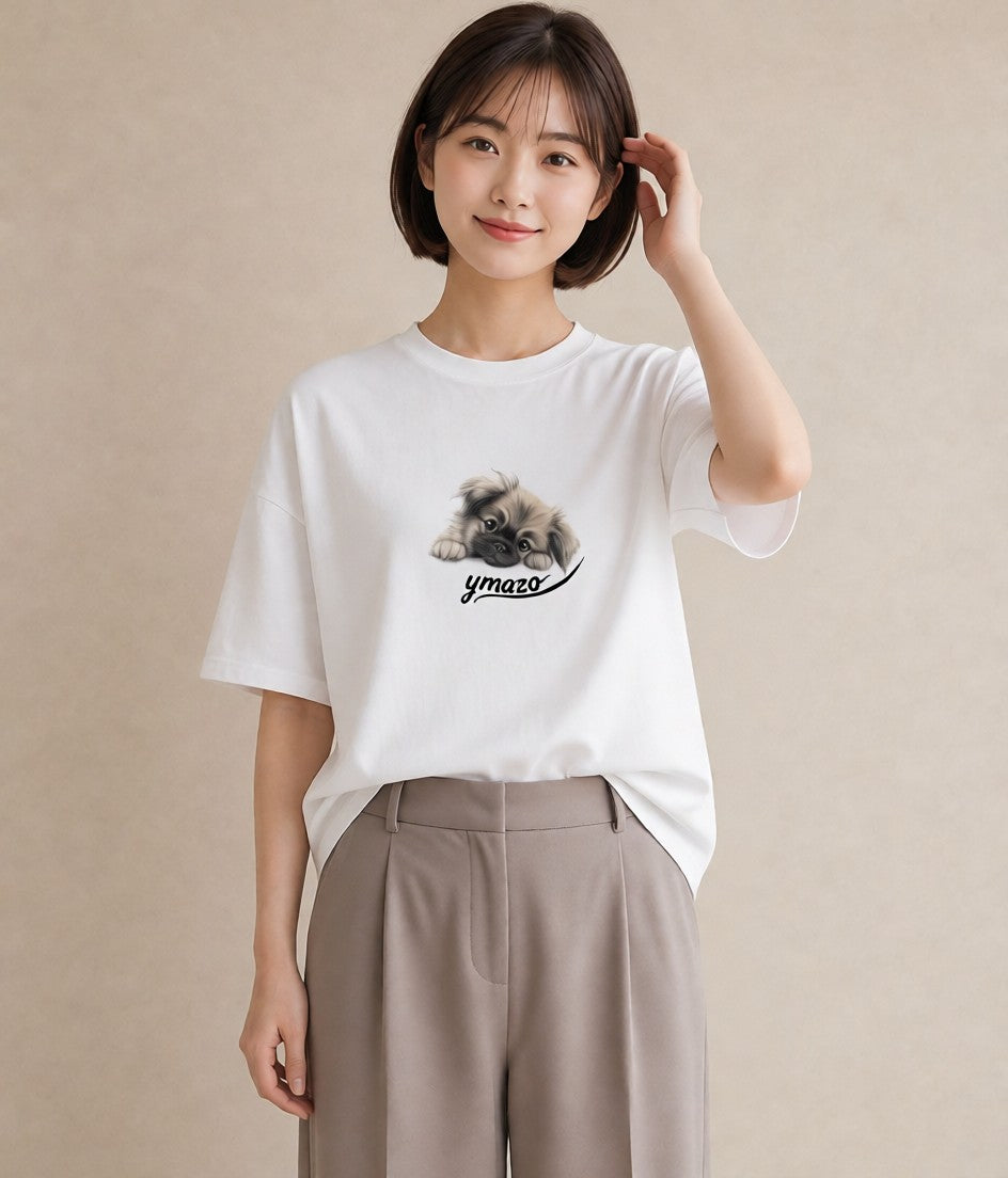 半袖Tシャツ レディース 狆 犬 いぬ イラスト 旅行コーデ お出かけ 普段着 白T