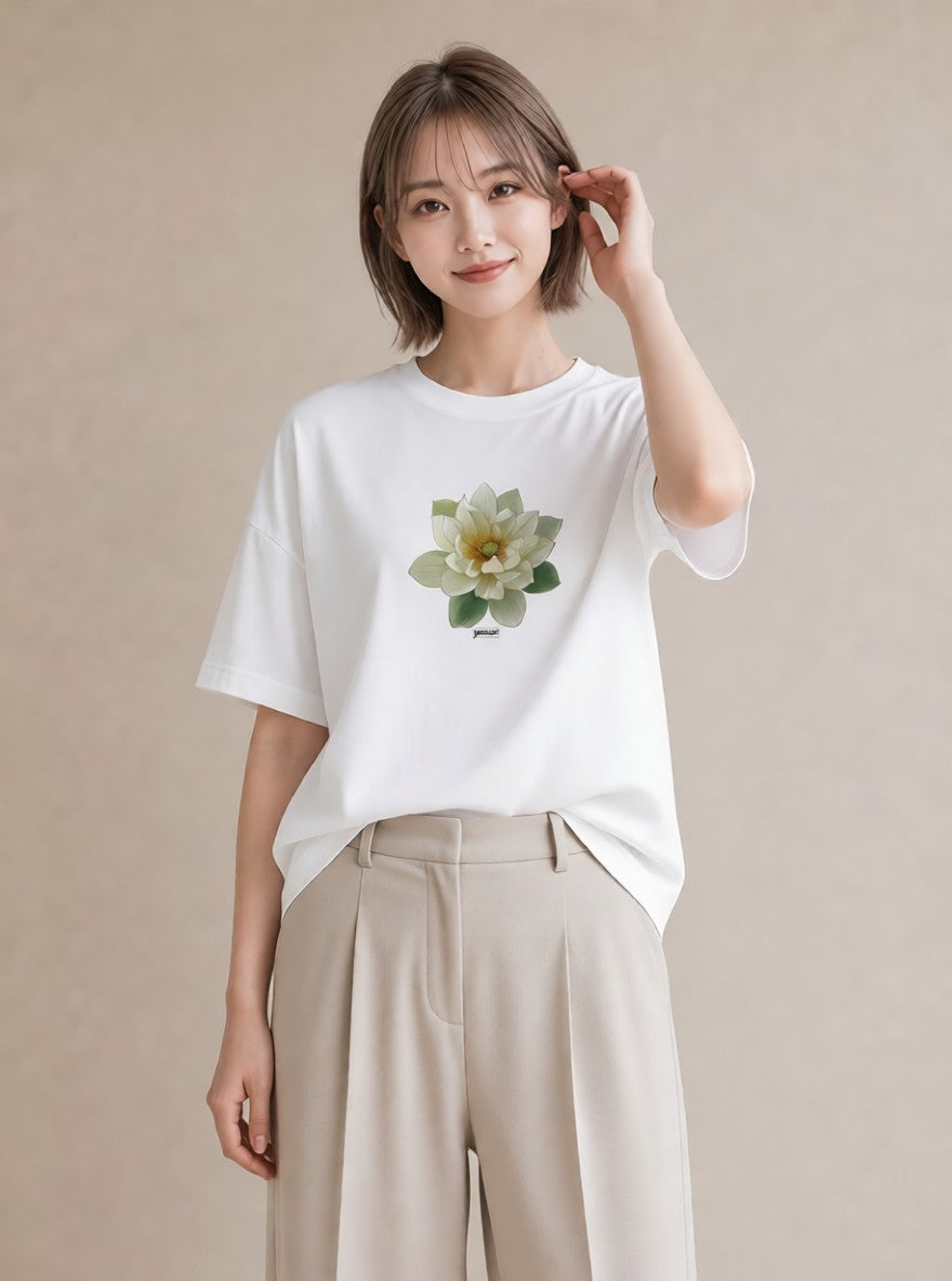 グラフィックTシャツ レディース 蓮 花 花柄 イラスト ゆるコーデ デート 帰省 白T