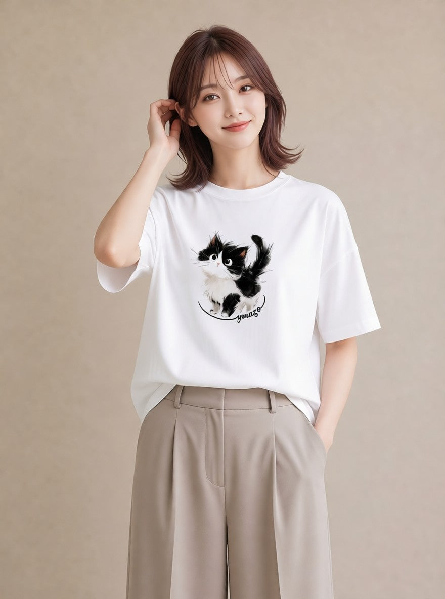 デザインTシャツ レディース ハチワレ 白黒猫 猫 ねこ イラスト 抜け感 デイリーウェア 休日 白T