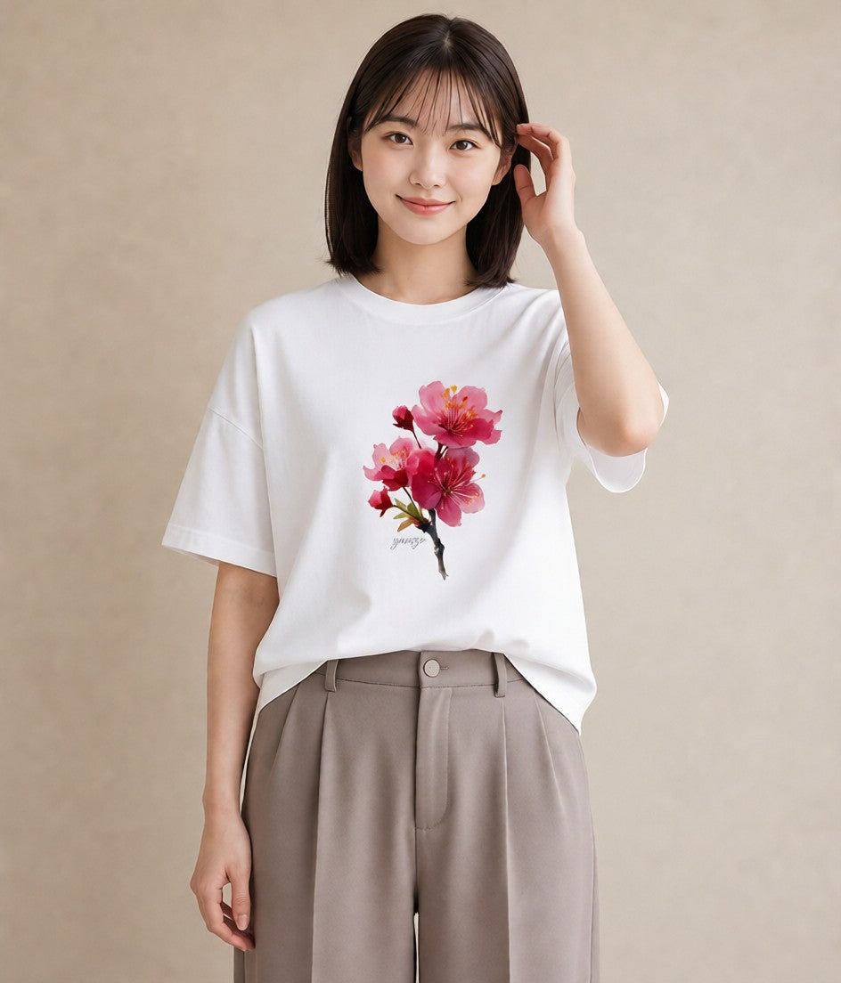 Tシャツ レディース 梅 花 花柄 イラスト お洒落 レイヤード 友達ギフト 白T