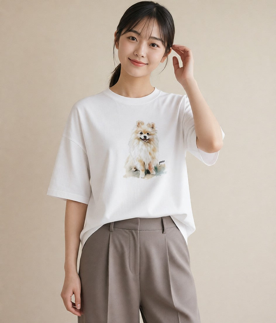半袖Tシャツ レディース ポメラニアン ポメ 犬 いぬ イラスト きれいめ 通学 誕生日プレゼント 白T