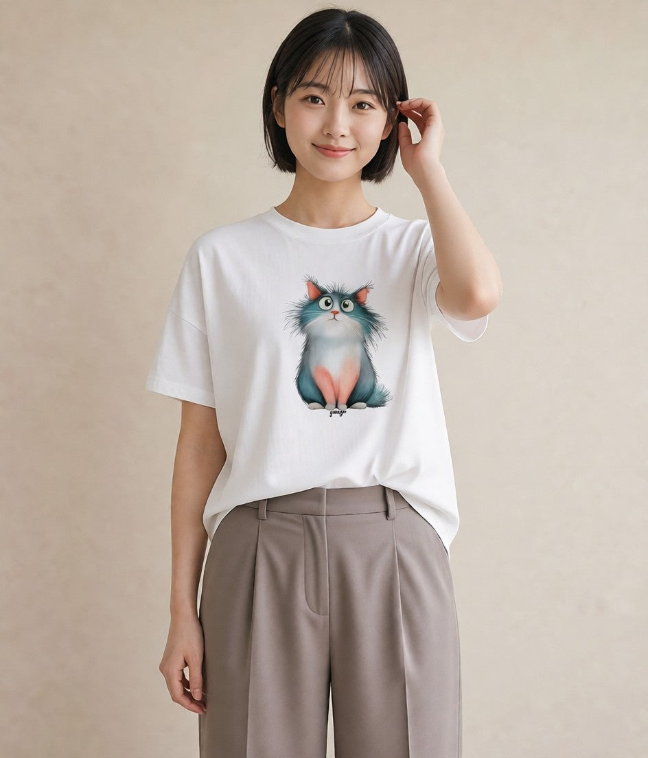 Tシャツ レディース ロシアンブルー 猫 ねこ イラスト こなれ感 ホワイトデー 春服 白T