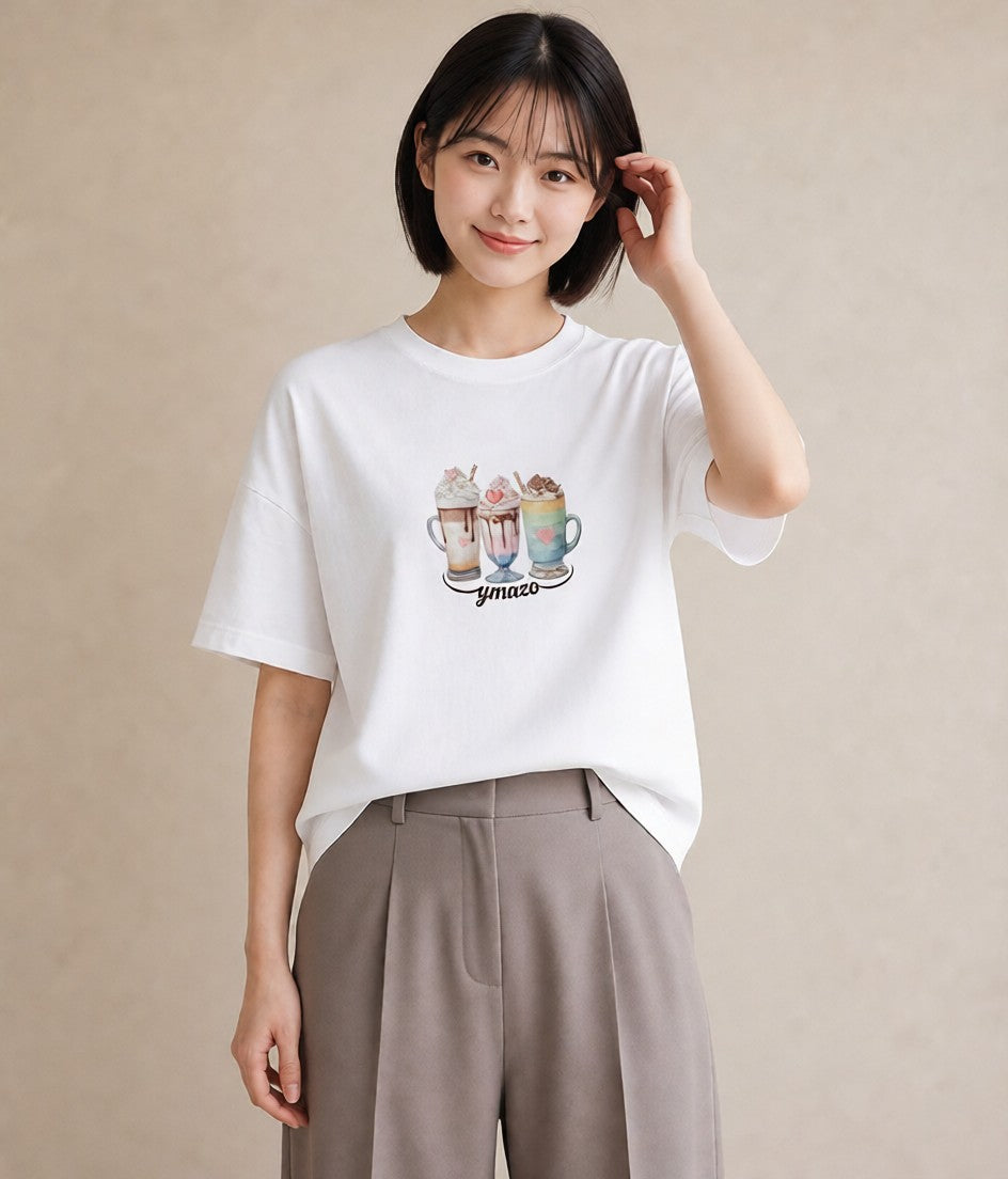 グラフィックTシャツ レディース ココア 食べ物 フード イラスト 淡色 休日 ペアコーデ 白T