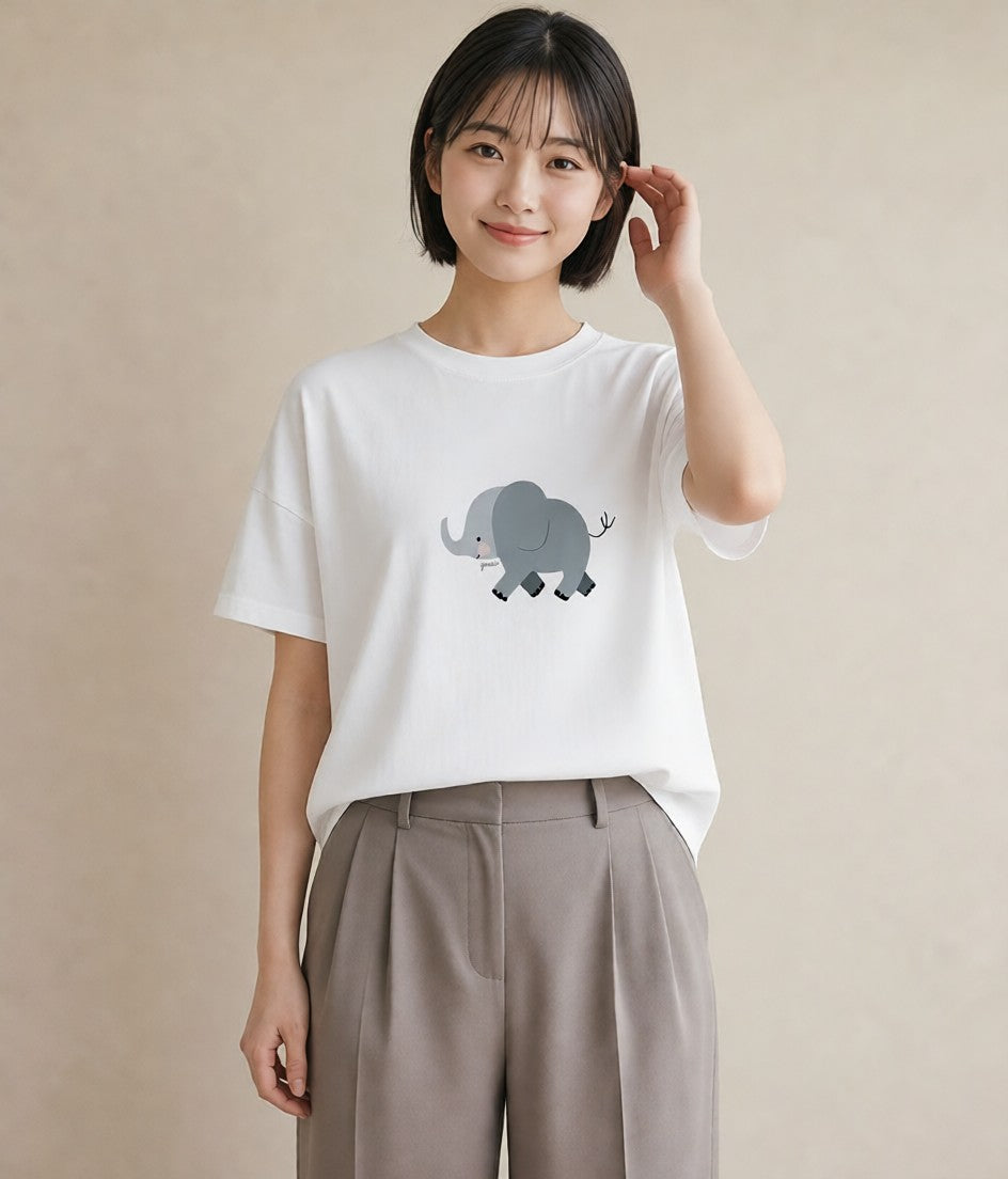 デザインTシャツ レディース ぞう 動物 アニマル イラスト お洒落 友達ギフト 部屋着 白T