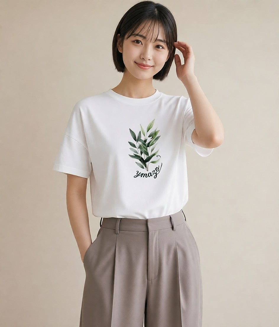 デザインTシャツ レディース ユーカリ 植物 ボタニカル イラスト 北欧風 自分用 ルームウェア 白T