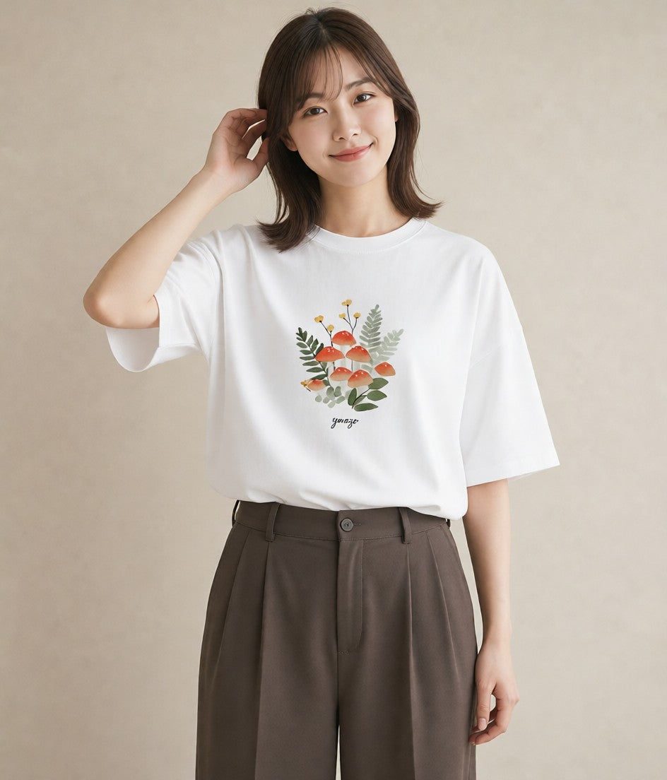プリントTシャツ レディース きのこ 植物 ボタニカル イラスト きれいめカジュアル 在宅 公園 白T