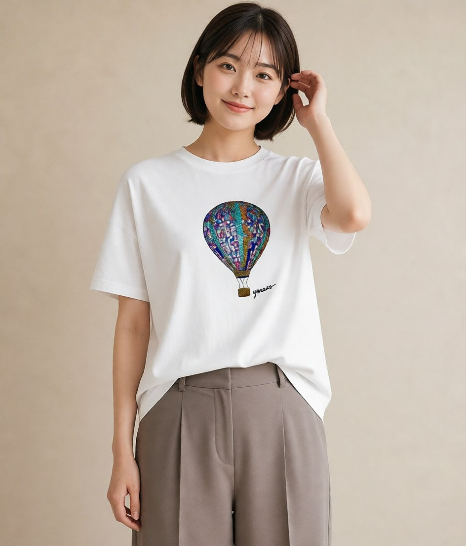 デザインTシャツ レディース 気球 星空 宇宙 イラスト ガーリー カジュアルコーデ 買い物 白T