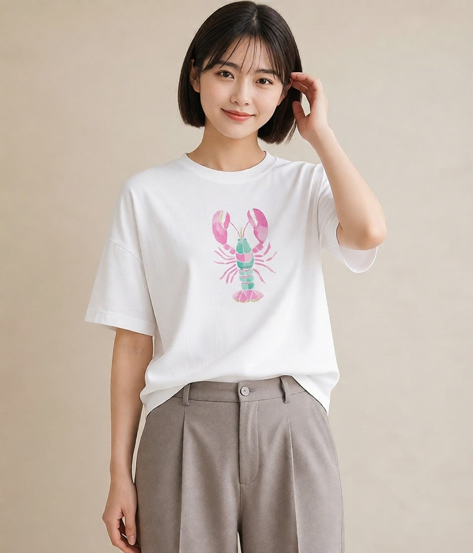 半袖Tシャツ レディース エビ 海の生き物 海 イラスト 北欧風 帰省 ラフ 白T