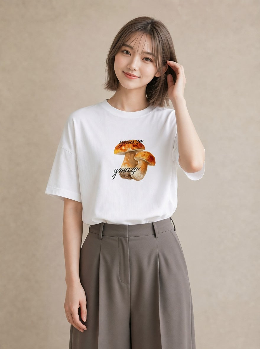 半袖Tシャツ レディース きのこ 植物 ボタニカル イラスト 休日コーデ 通勤 在宅 白T