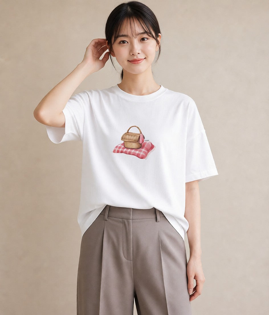 プリントTシャツ レディース 自転車のかご 自転車 花かご ナチュラル アンティーク イラスト ラフ 休日 ペアコーデ 白T